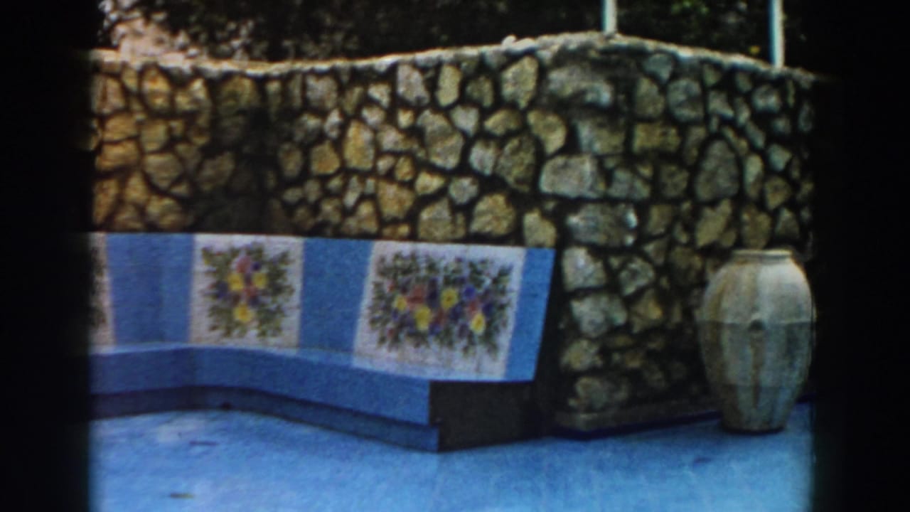 Blue tiled bench, floral wall panels, stone wall, and large ceramic urn near the pool.