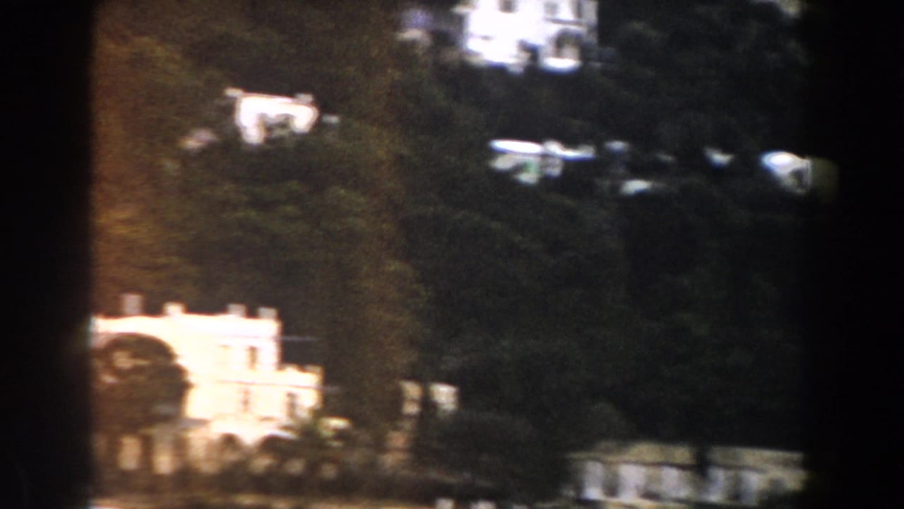 Bright white building partly obscured by trees on a hillside.