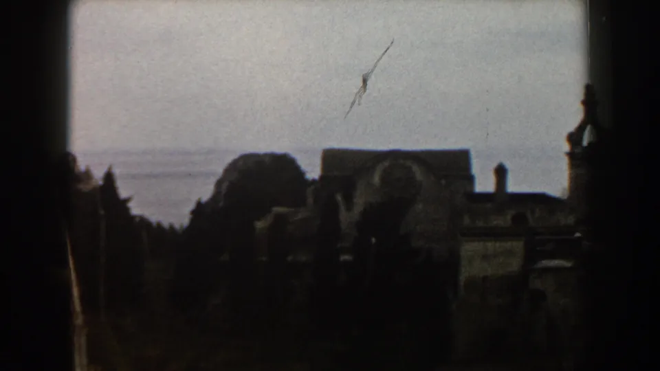 1960 Italy 8mm view of a distant stone cathedral-like building near trees and the sea horizon.