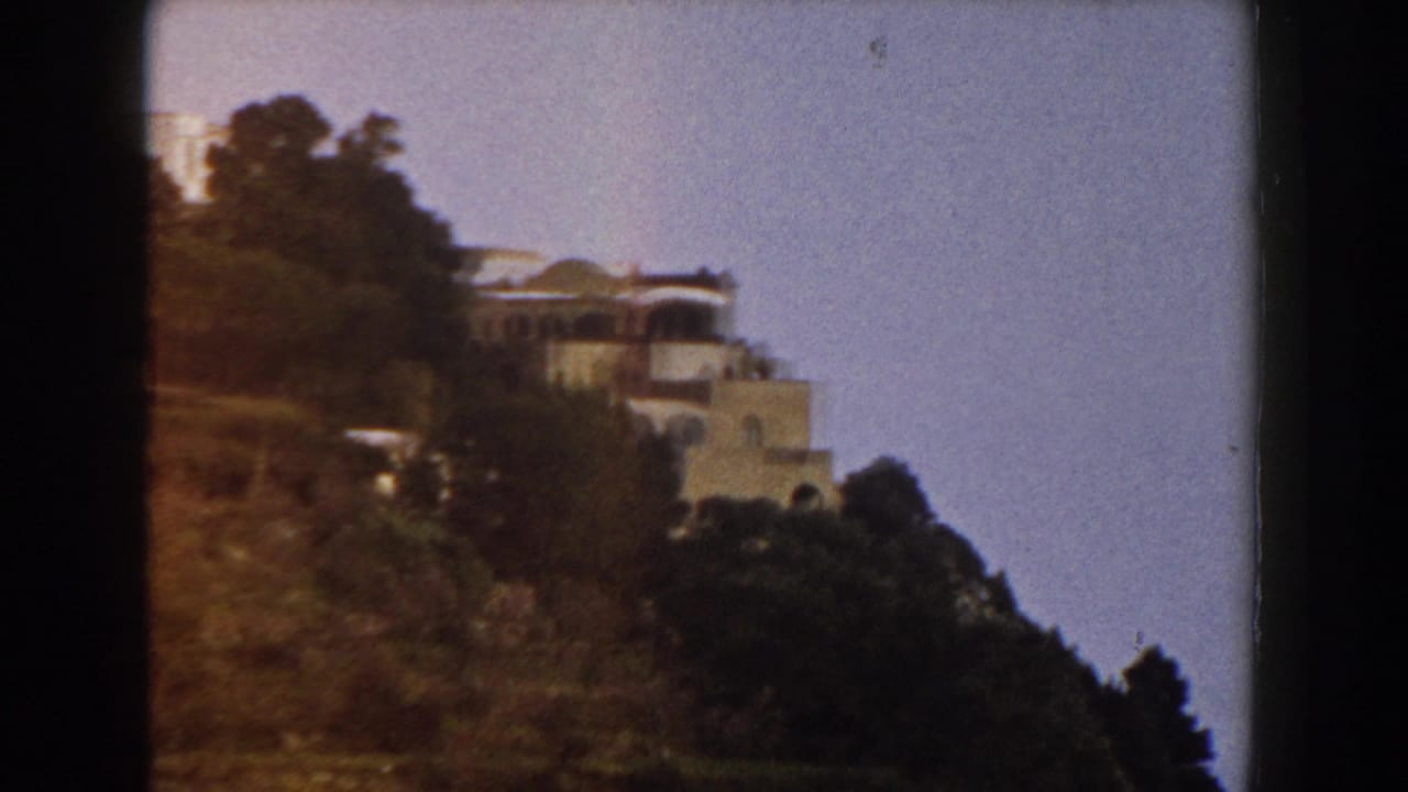 Distant white buildings on a hillside framed by trees and sky.