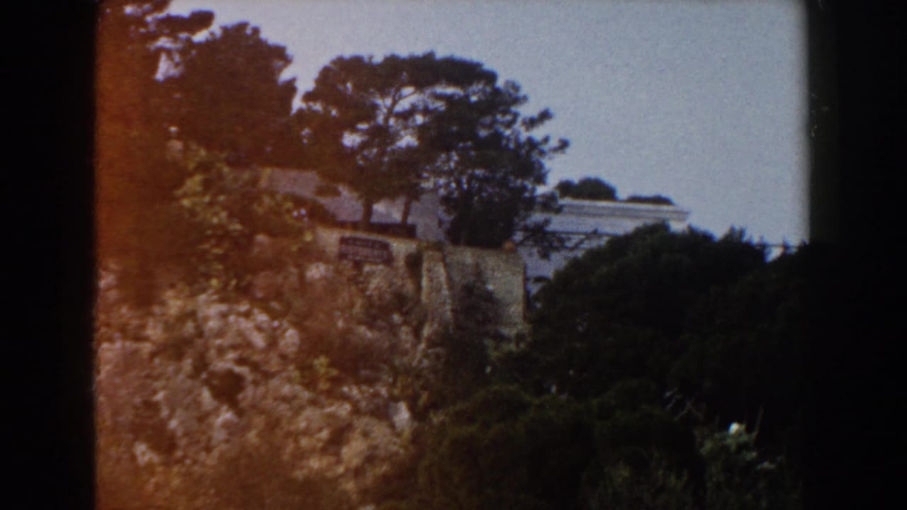 Rocky hillside with stone wall, trees, shrubs, and a pale building in the background.