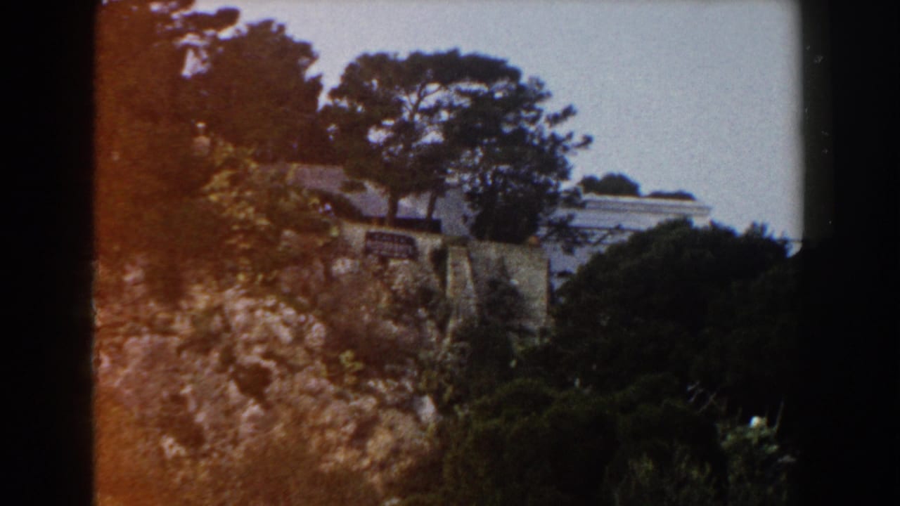 Hillside stone wall with trees, shrubs, pale building, and partial sign area.