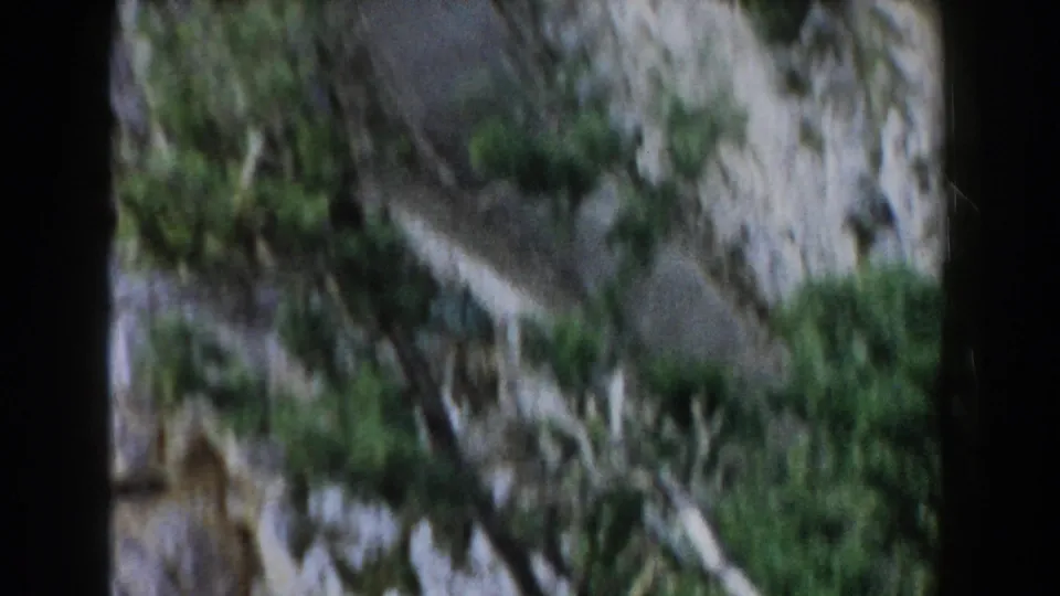 A soft, handheld 8mm frame shows a pale winding path or track against a rocky Italian cliffside with clusters of green shrubs.