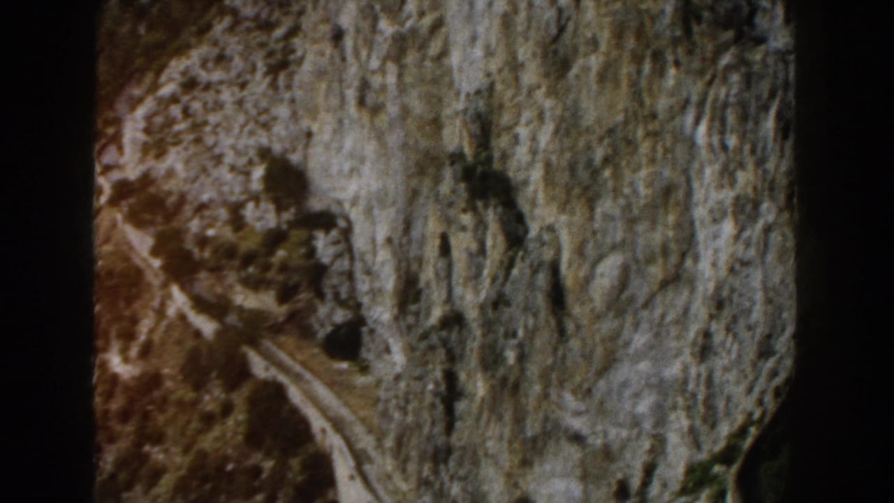 1960 Italy 8mm frame with a close mossy rock surface, dark recesses, and a pale diagonal natural line or twig-like shape.