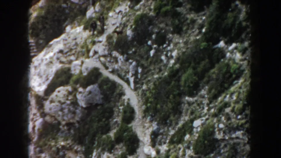 1960 Italy home-movie frame showing a pale dirt trail crossing rocky shrub-covered mountain terrain.