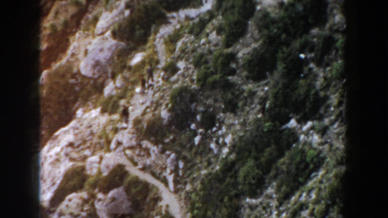 Small hikers on a rocky mountain trail with shrubs and boulders.
