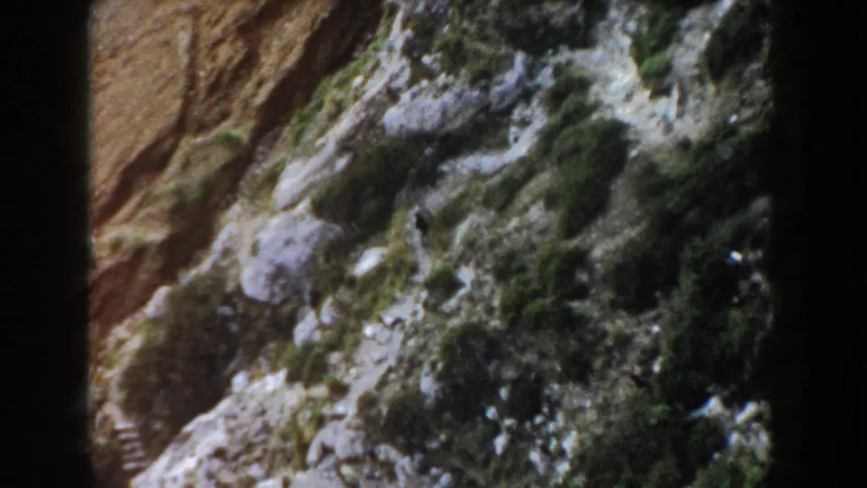 1960 Italy 8mm frame with motion softness across a steep rocky slope, scrub vegetation, and a faint footpath.