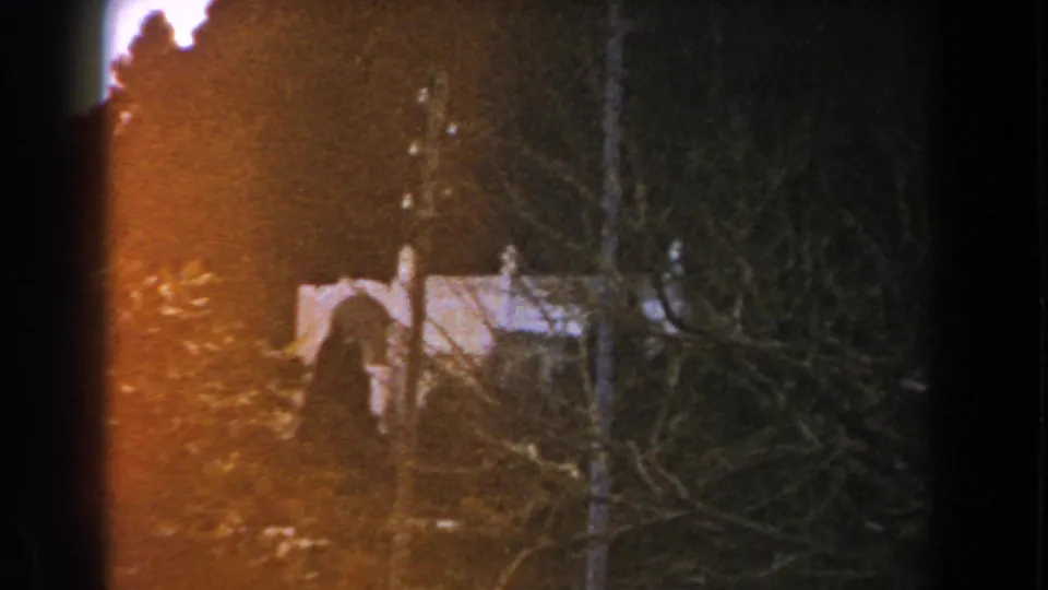 1960 Italy home-movie frame showing shaded trees, orange film flare, and a faint pale structure-like form in the woods.