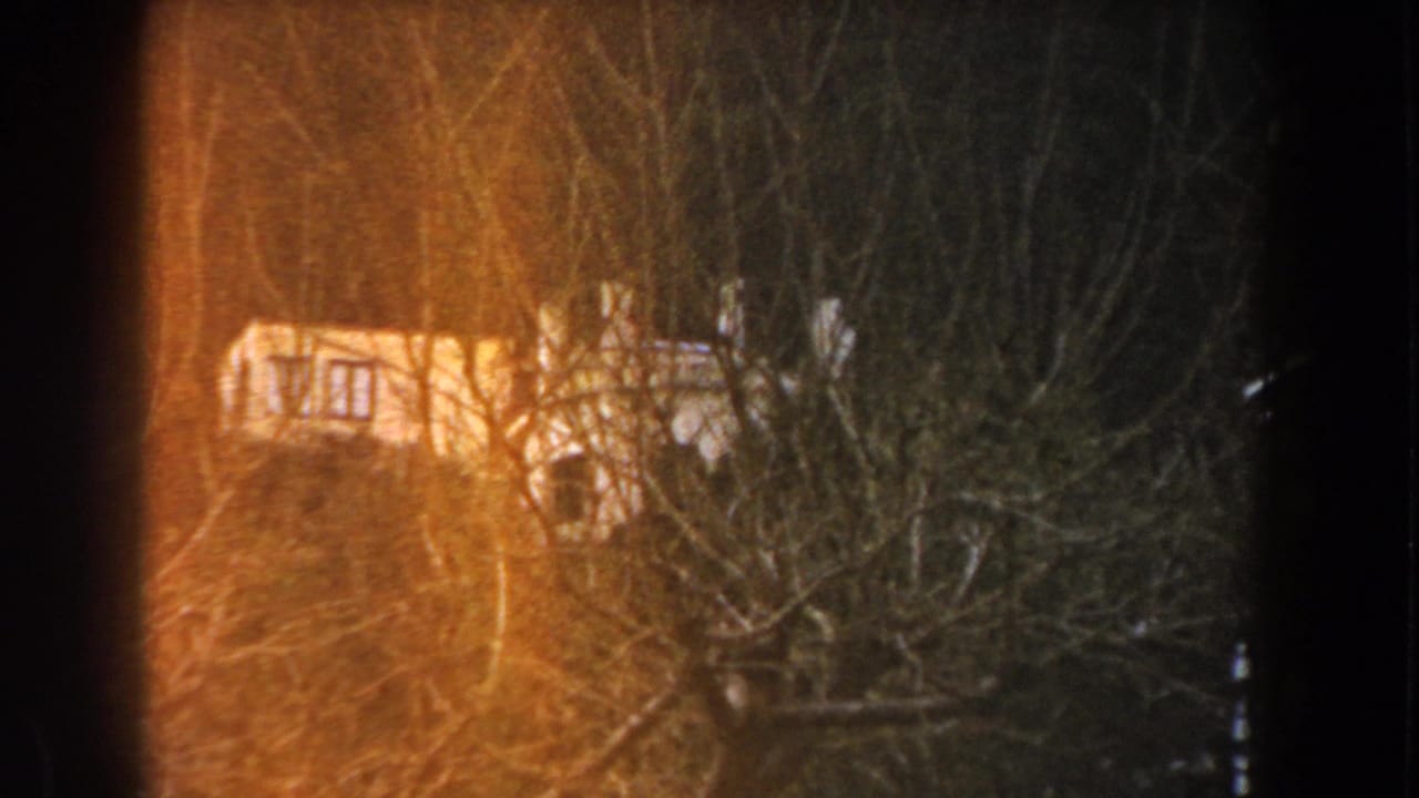 1960 Italy 8mm frame showing white campers glimpsed through leafless branches with warm orange film flare.