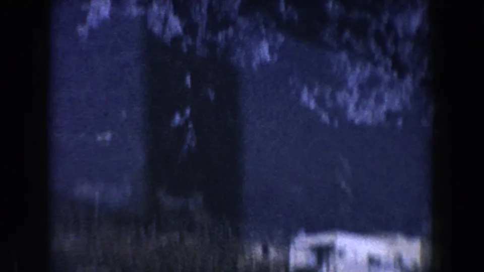 1960 Italy 8mm frame with blurred tree or hillside forms and a pale horizontal shape at the lower edge.