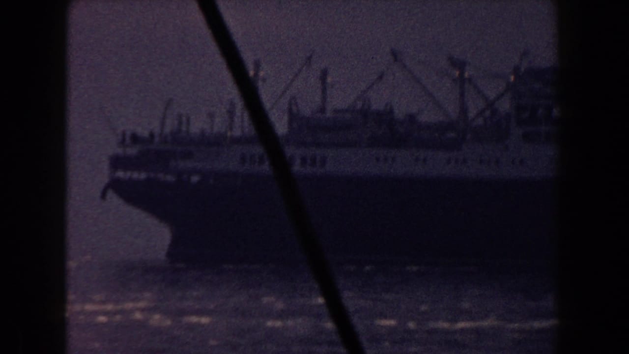 Large passenger ship on water with masts and port structures in haze.