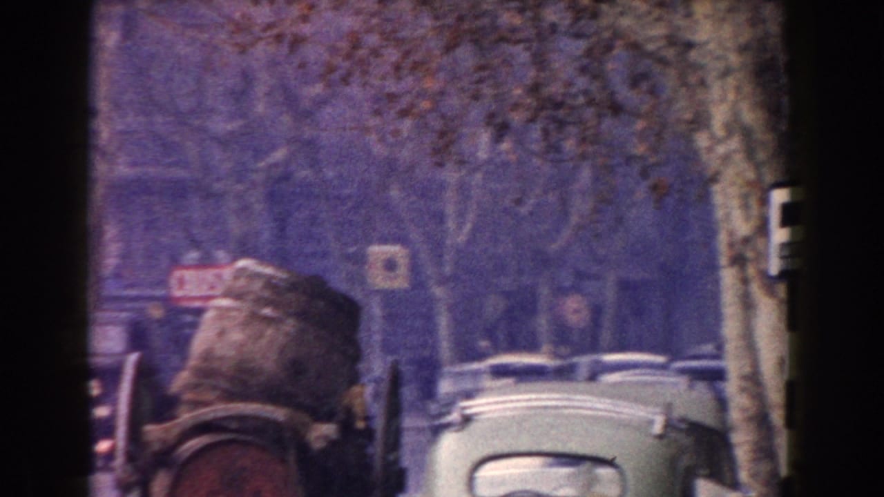 1960 Italy street view with a large barrel on a cart, rounded cars, pedestrians, trees, and visible storefront signage.