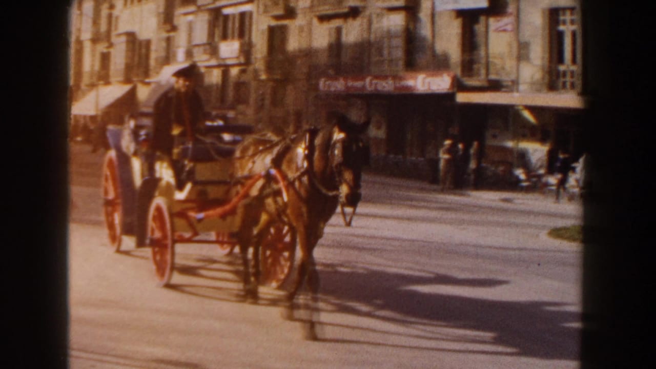 Horse and carriage continue down the street with storefronts and pedestrians behind them.