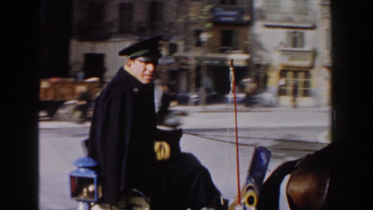 Caped driver on a horse-drawn buggy moves through a sunlit Italian street with buildings and vehicles behind him.