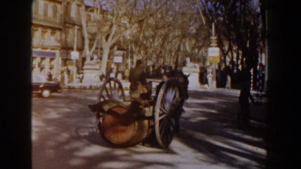 Rear view of the 1960 Italy horse-drawn barrel cart traveling along a sunlit street near buildings, trees, and a passing car.