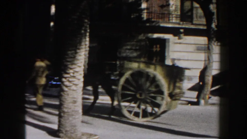 The wagon’s large spoked wheel and horse move across the frame on a bright paved street in Italy.