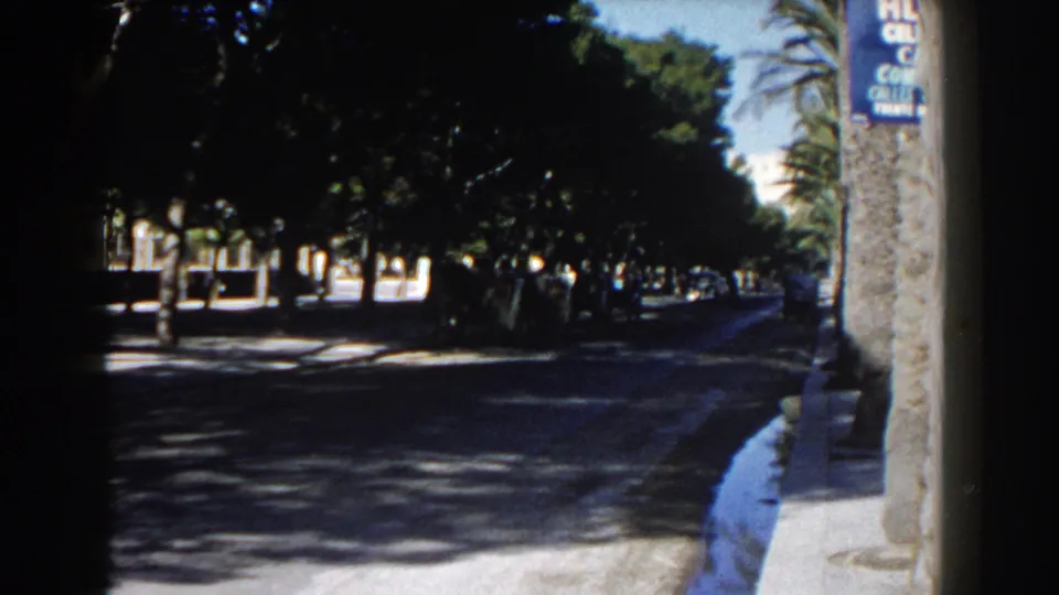 1960 Italy 8mm frame showing a shaded street, sunlit curb, roadside trees, distant cars, and a small visible figure near the roadway.