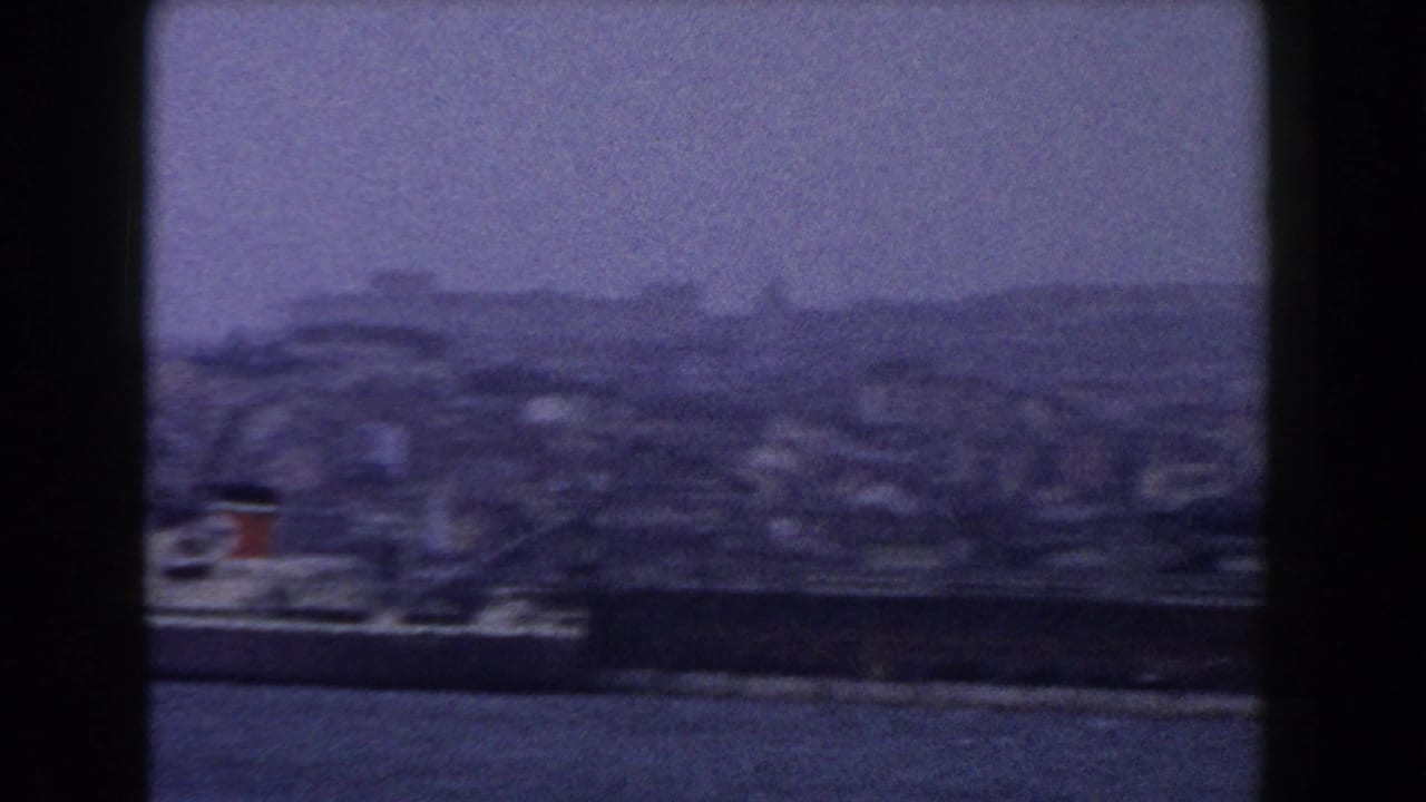 Distant harbor shoreline with a docked vessel and hillside buildings.