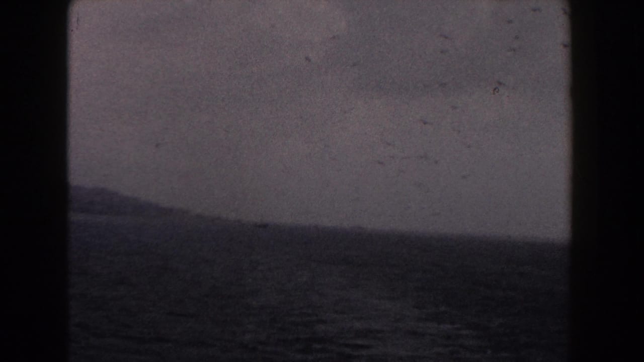 Low hills or shoreline sit beyond dark water under a dim cloudy sky.
