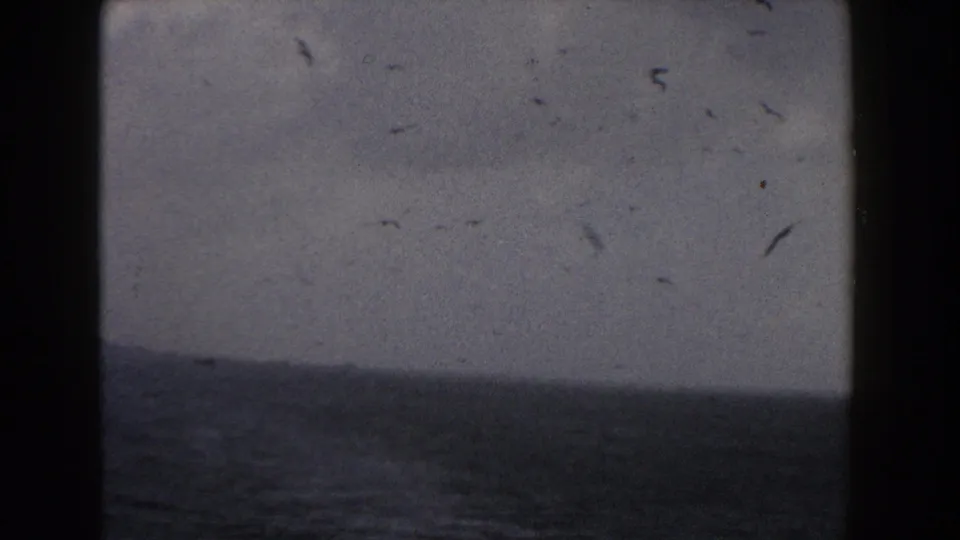 1960 Italy 8mm view of a subdued coastal horizon, with dark sea, muted clouds, faint land, and small dust marks on the film.