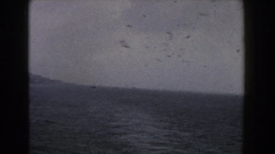 Birds move across a grainy 8mm view of open sea and a low Italian shoreline in the distance.