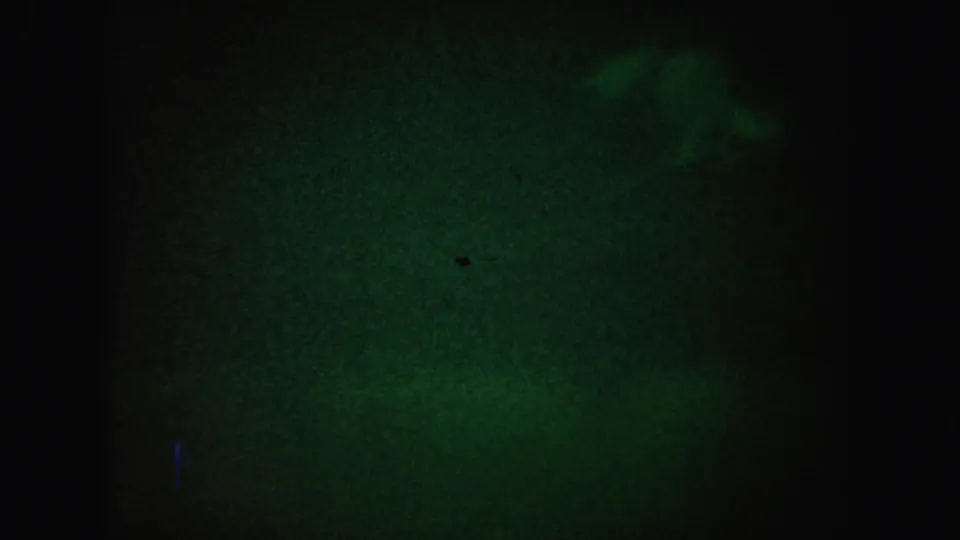 1962 California underwater 8mm frame with dark vignetting, green haze, grain, and indistinct possible marine forms.