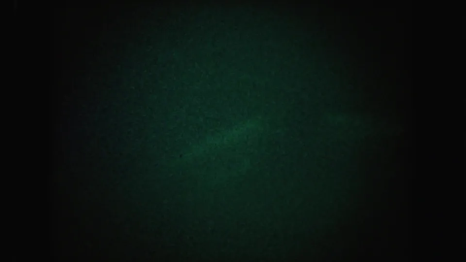 Green monochrome 8mm frame from the 1962 California clip, mostly dark with faint mottled texture.