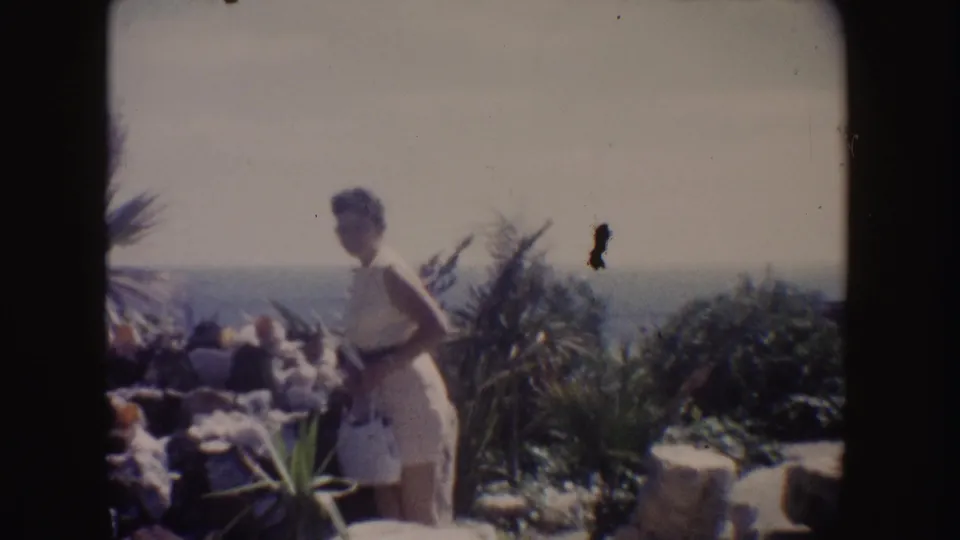 Soft 1962 California 8mm frame showing a woman in a sleeveless dress near coastal plants, rocks, and a hazy ocean horizon.