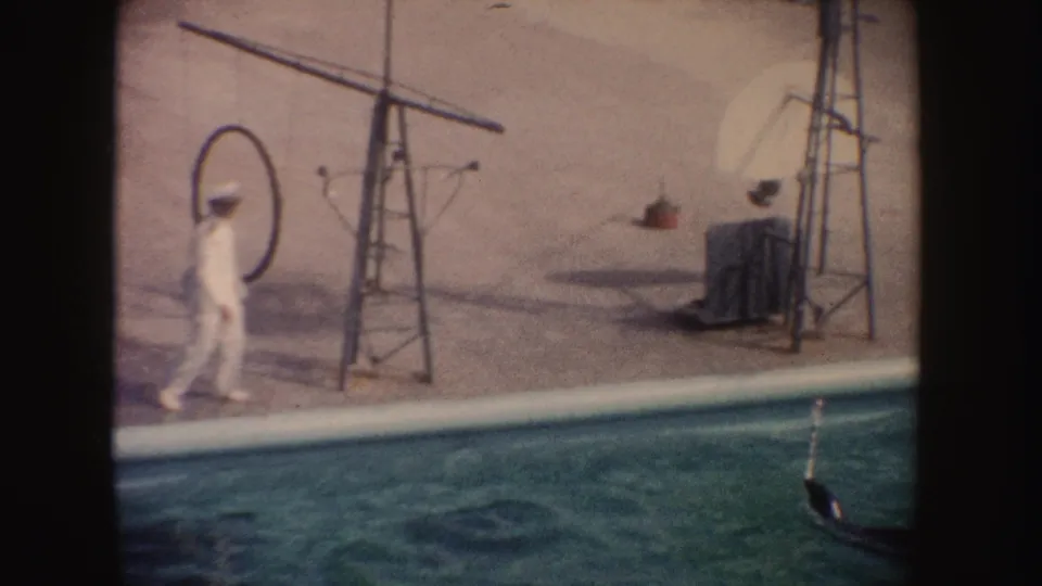 A white-clad trainer walks along the poolside near hoops and metal stands, with the seal partly visible at the water's edge.