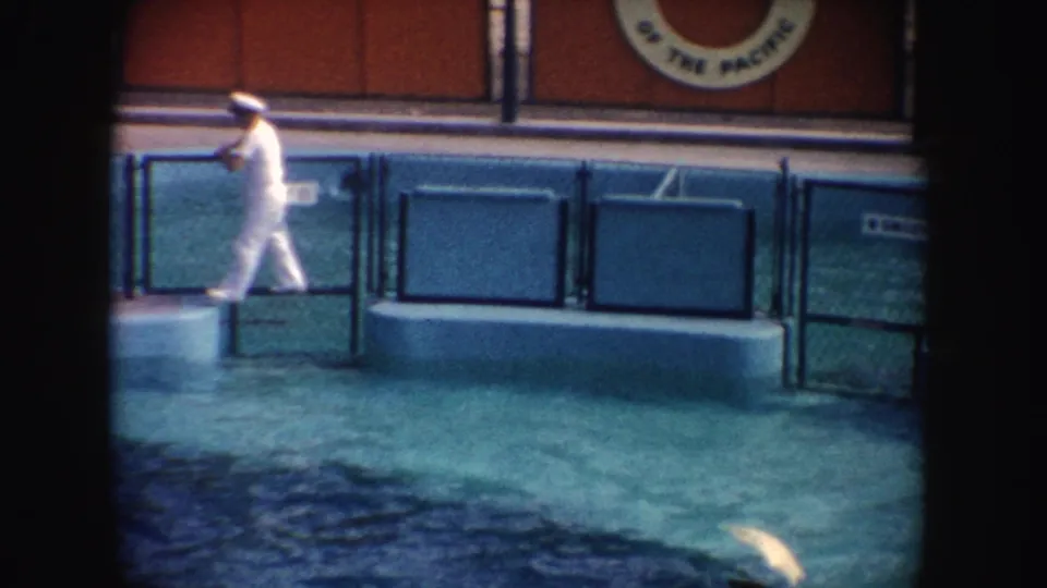 A white-uniformed man moves across a concrete poolside ledge at a California marine attraction, with blue water below.