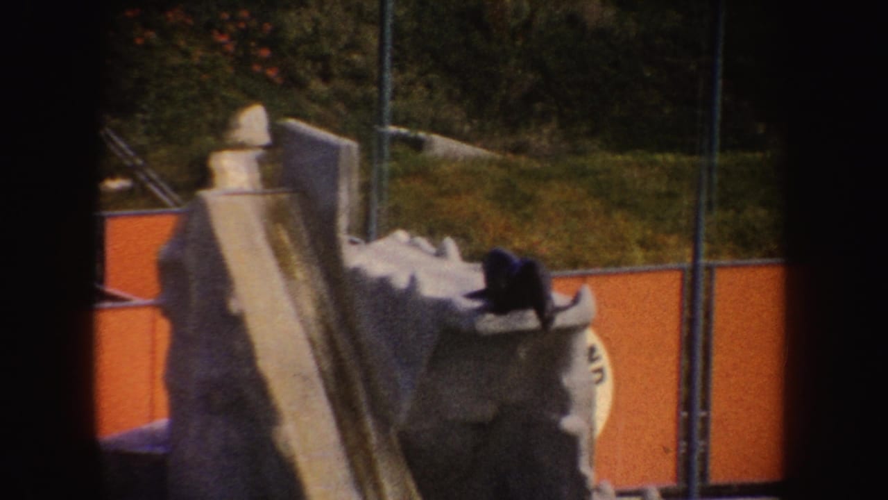 1962 California 8mm frame showing a dark seal on a tall white poolside platform before a jump.
