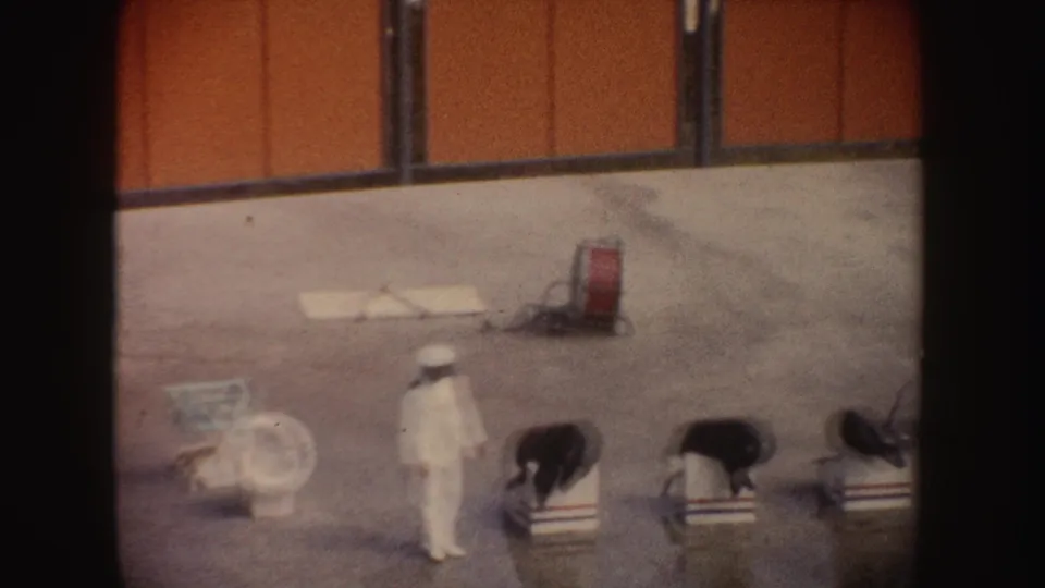 1962 California 8mm frame showing a white-uniformed trainer with sea lions on low platforms near a marine show pool.