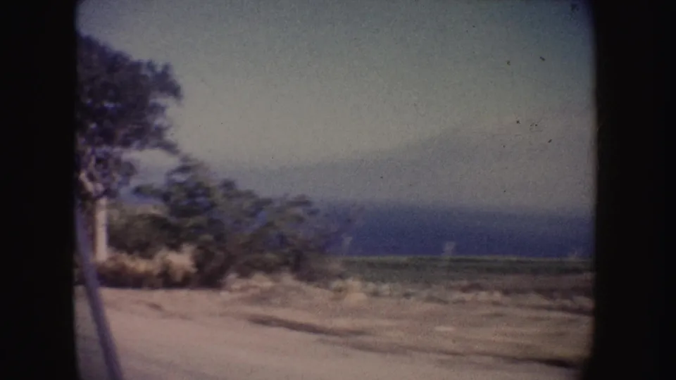1962 California 8mm frame with roadside trees, brush, a dirt road, and the ocean visible beyond the coast.