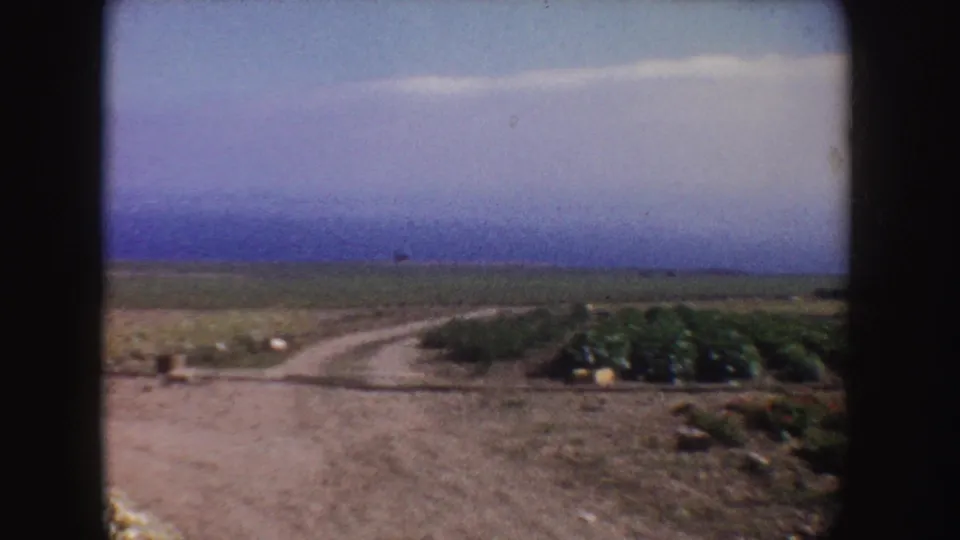 1962 California 8mm view of open farmland, a curved dirt road, planted rows, and a broad hazy sky.