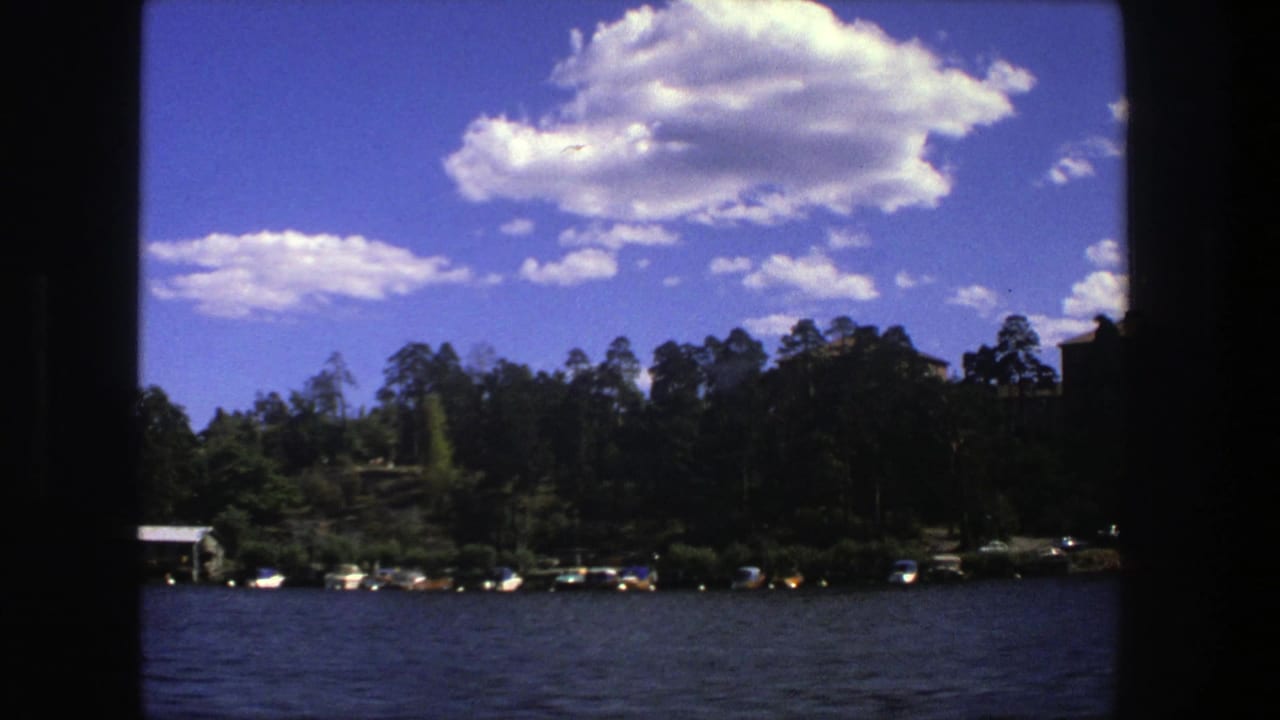 Waterfront with moored boats, dense trees, clouds, and a small shoreline building.