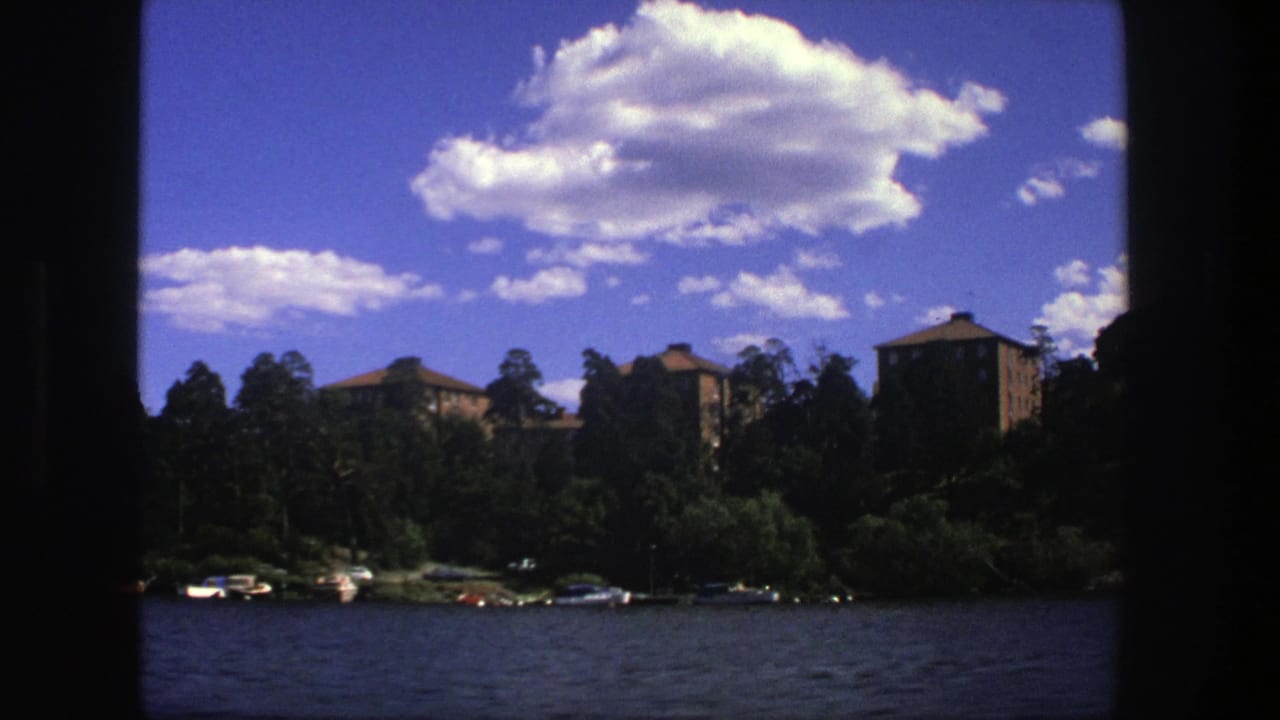 Lakeside buildings behind trees with boats along the shore under a bright clouded sky.