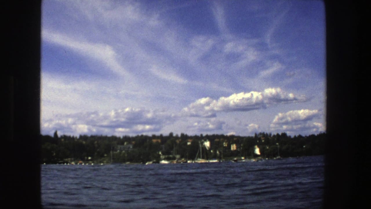 Blue water and distant wooded shoreline seen through dark boat-window framing.