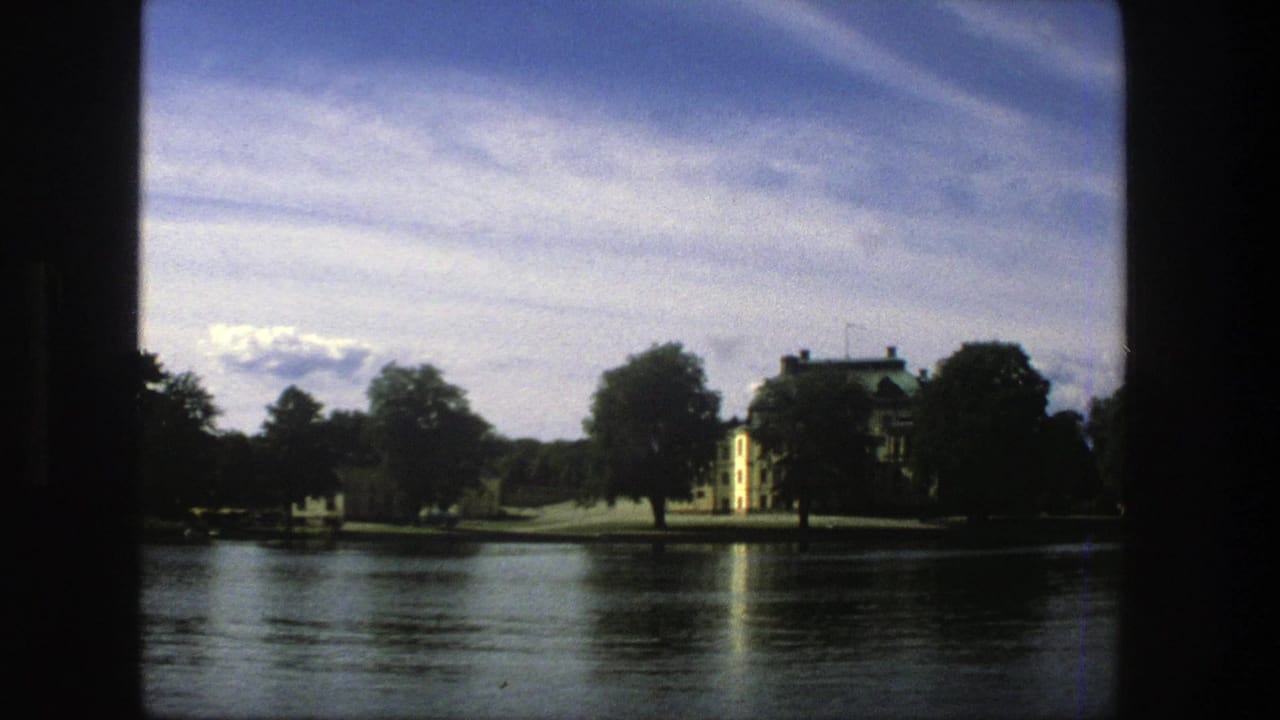 Waterfront view with trees, buildings, rippling water, and dark framing at the edges.