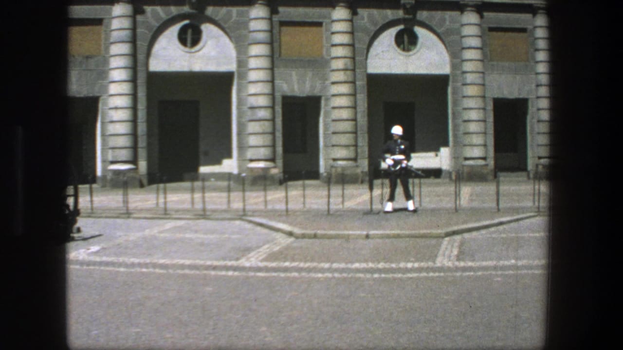 Uniformed guard with rifle stands before arched stone doorways and low railings.