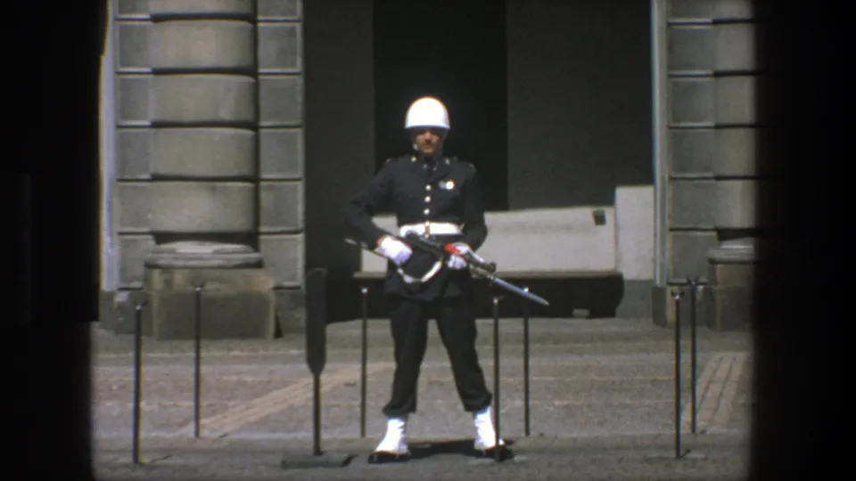 1975 Stockholm frame showing an armed ceremonial guard standing near bollards and a recessed entrance of a historic stone building.