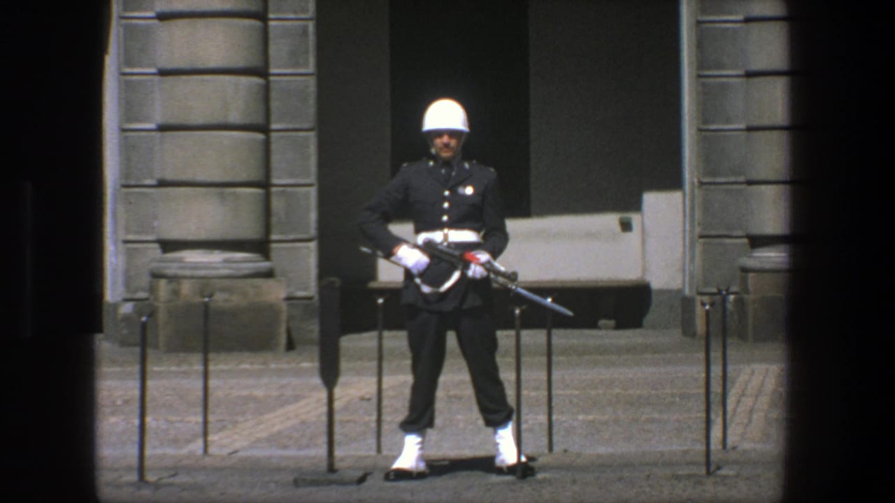 In Stockholm, Sweden in 1975, a ceremonial guard in dark uniform and white helmet stands at attention before a stone facade.