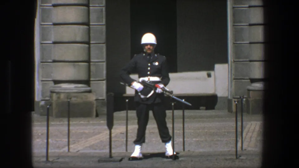 In Stockholm, Sweden in 1975, a ceremonial guard in dark uniform and white helmet stands at attention before a stone facade.