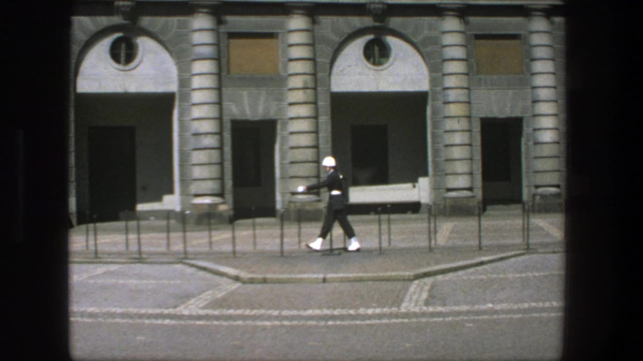 Guard in dark uniform walking beside railings outside a stone building.