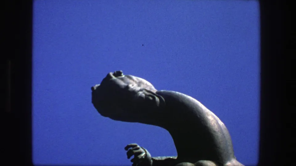 1975 Stockholm 8mm frame showing the same dark abstract sculpture detail with a tilted head and curved neck against sky.