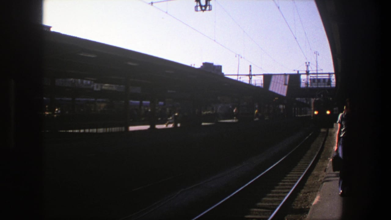 1975 Stockholm station platform seen from shadow, with rail tracks, canopy, overhead catenary wires, and a silhouetted passenger at the edge.