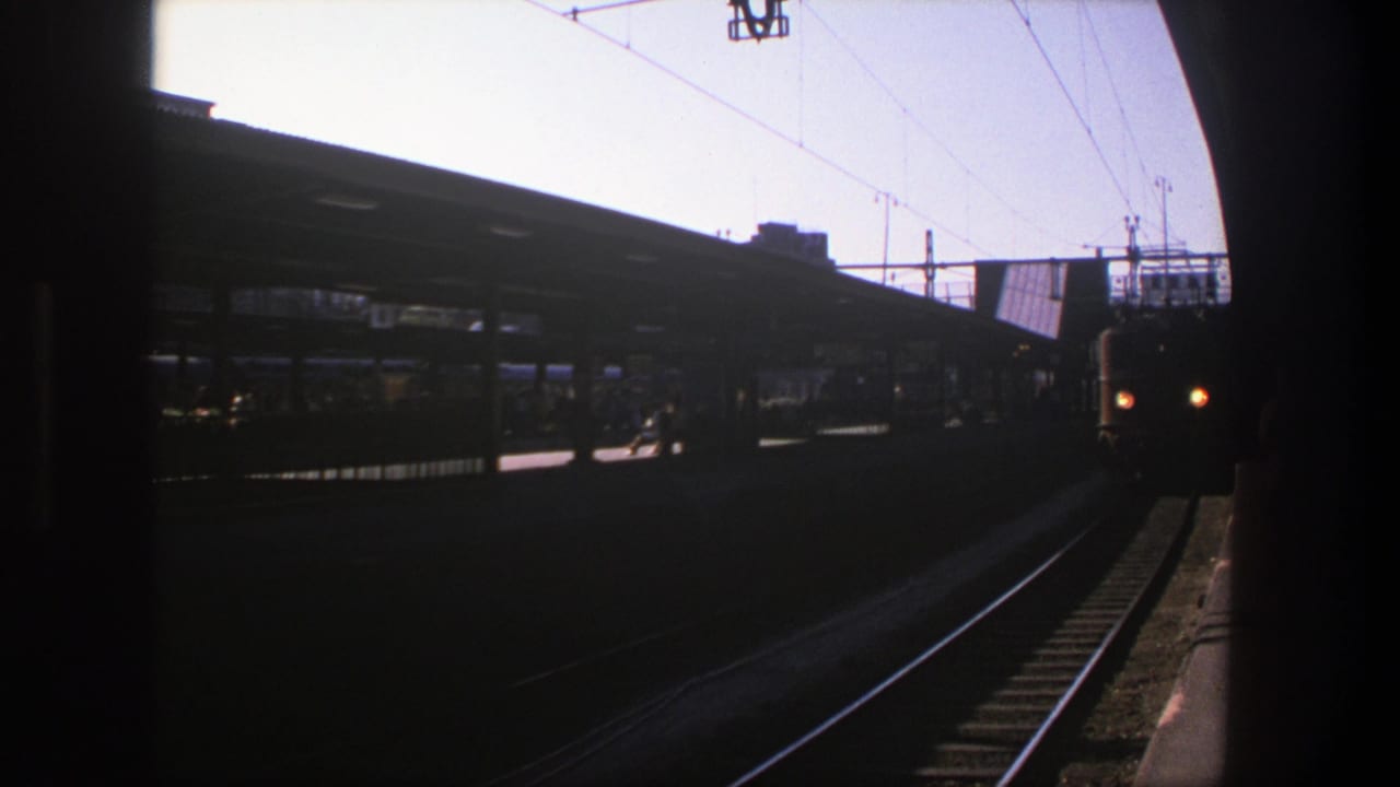 Electric train approaching a shadowed station platform with rails and overhead wires.