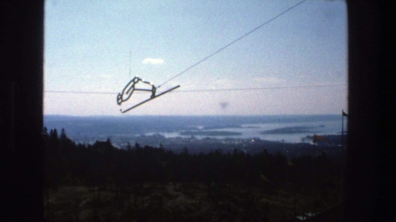Cable line and hanger silhouetted above forest with water and islands beyond.