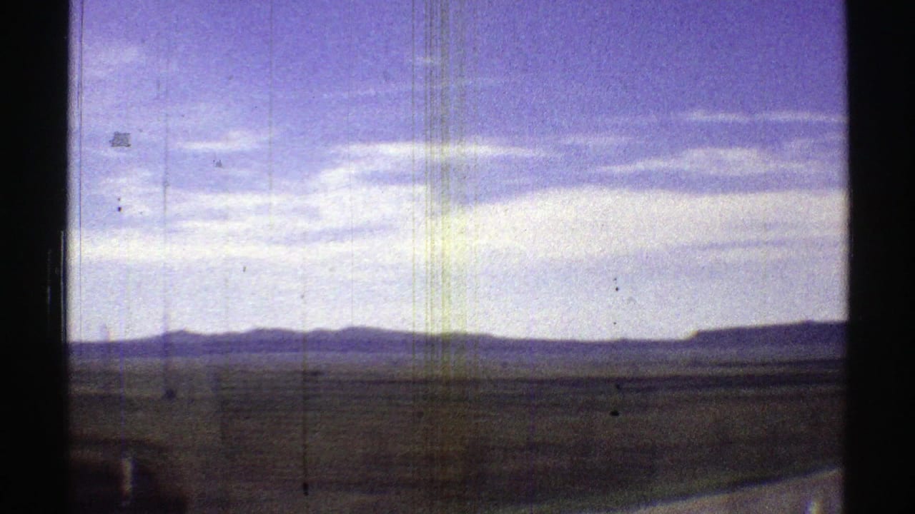 Flat desert landscape seen from a moving car with distant low mountains under a pale sky.