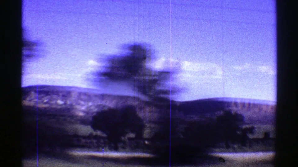 1969 Arizona home-movie frame showing blurred trees, low desert hills, and dark car-window edges during a moving roadside view.