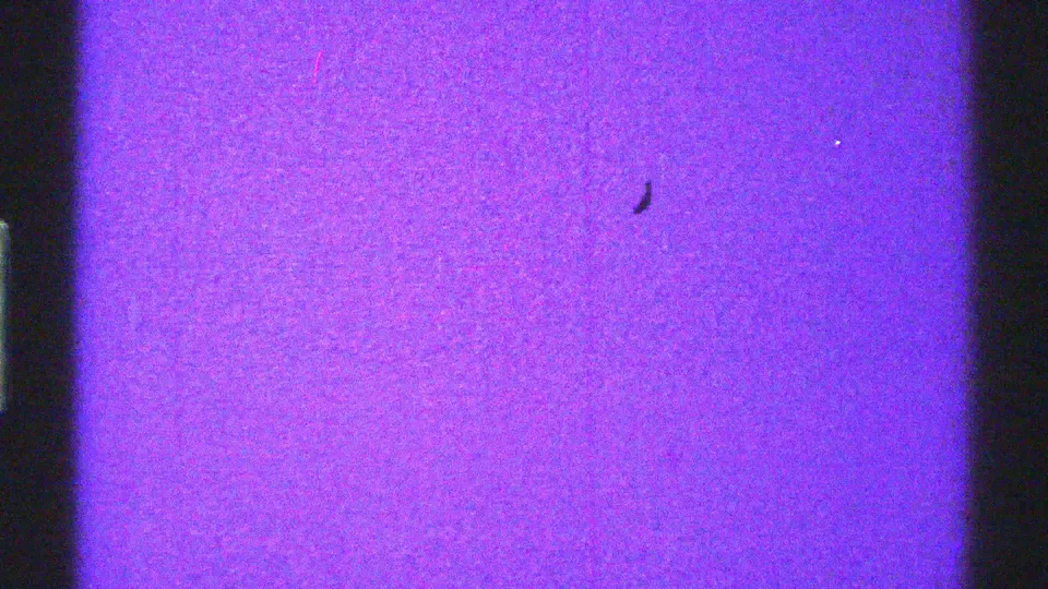 Arizona 1969 8mm frame of purple television-like static with dark vertical bands and visible film grain.